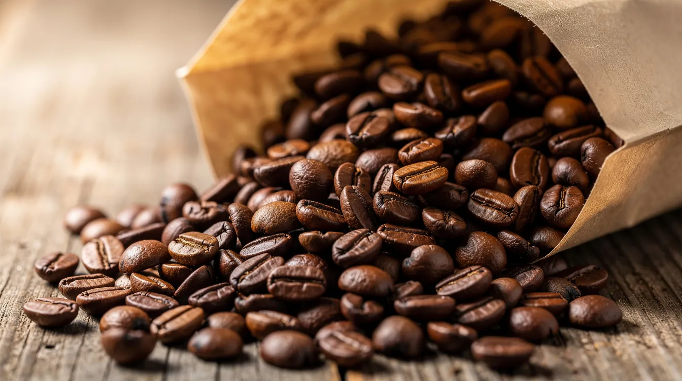 A close-up view of whole roasted coffee beans spilling out of a brown paper bag onto a wooden table, highlighting the rich textures and colors of the beans, perfect for coffee lovers seeking high-quality coffee for their brewing methods. The scene captures the essence of freshness and the roasting process, inviting enthusiasts to consider purchasing beans for their perfect cup of coffee.