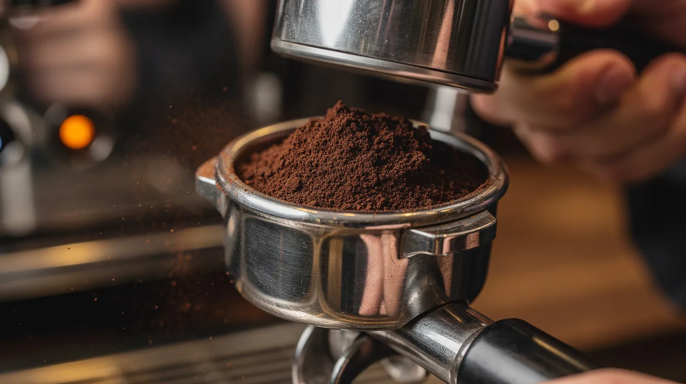 A close-up image shows freshly ground espresso being tamped into a portafilter, with an espresso machine in the background, highlighting the grinding process and the importance of grind consistency for coffee lovers. The scene emphasizes the quality of ground coffee prepared for perfect espresso shots.