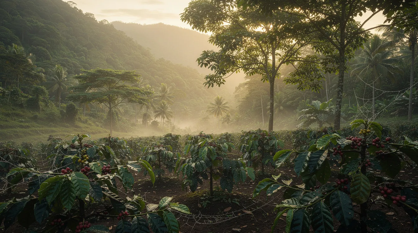 The image depicts a lush tropical mountain valley, where coffee trees thrive under a shaded canopy, enveloped in morning mist. This serene landscape is characteristic of the blue mountain region in Jamaica, known for producing the renowned Jamaican blue mountain coffee, celebrated for its exceptional quality and mild flavor.