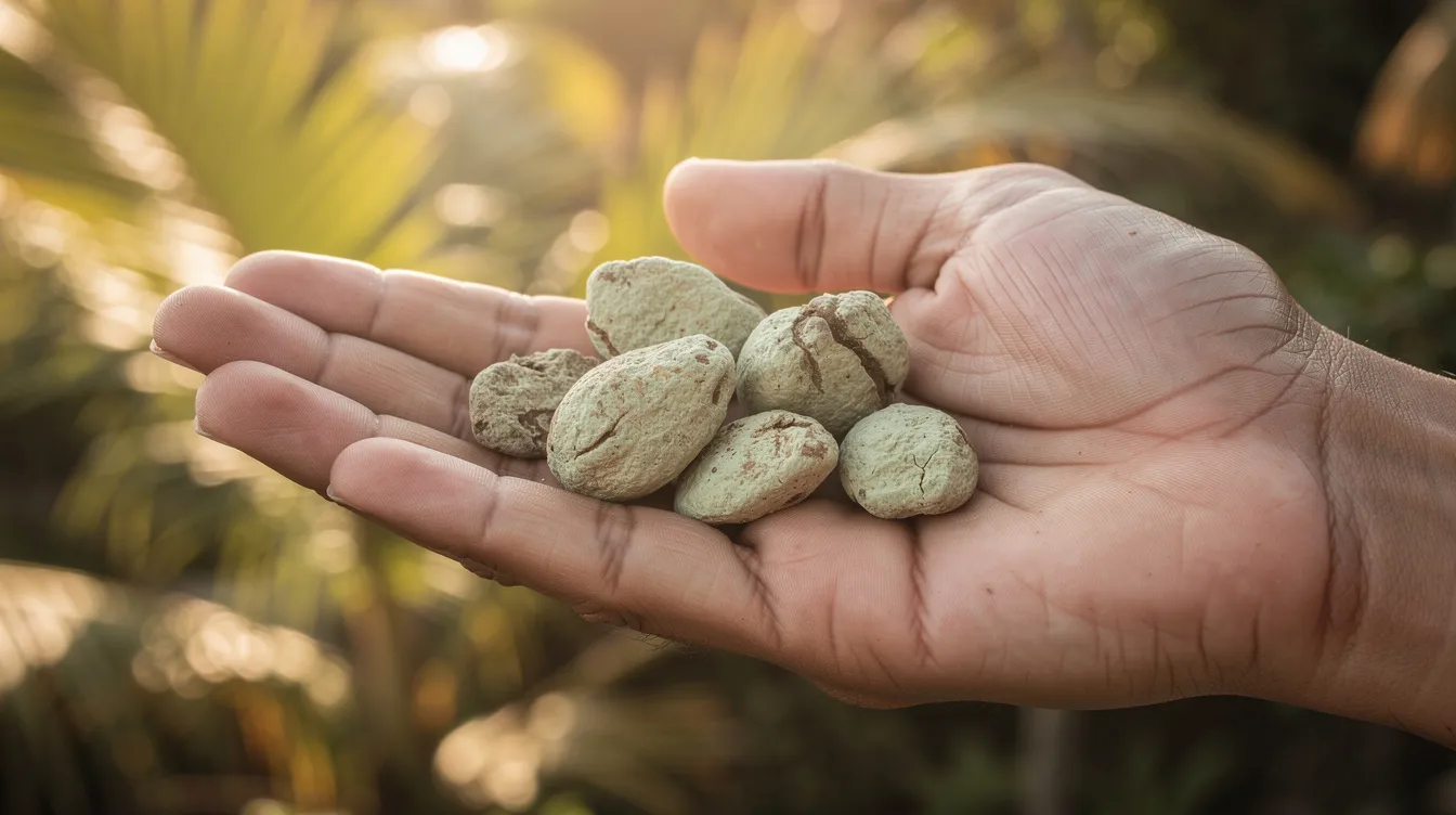 A hand is holding several large, irregularly shaped raw coffee beans, showcasing different types of coffee such as arabica and robusta, against a softly blurred tropical background. The image highlights the unique characteristics of these beans, which are essential in the coffee culture and global marketplace.