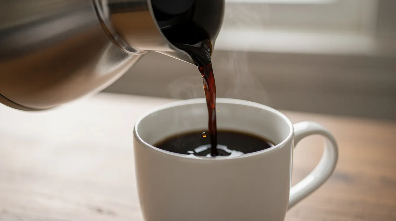 A close-up image shows dark coffee being poured from a sleek stainless steel thermal carafe into a simple white ceramic mug, capturing the rich color and inviting aroma of the brew. This scene highlights the brewing process, perfect for coffee drinkers looking to enjoy their morning coffee.