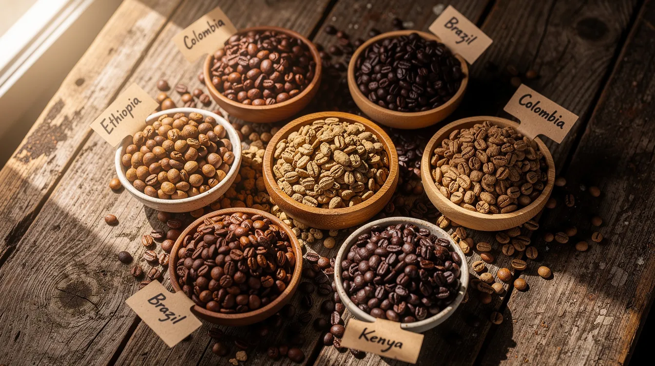 An assortment of coffee beans from various origins is displayed in small bowls on a rustic wooden table, showcasing distinct flavor profiles such as bright acidity and floral notes. This collection highlights the complexity and richness of specialty coffee, emphasizing the unique characteristics derived from different coffee growing regions.