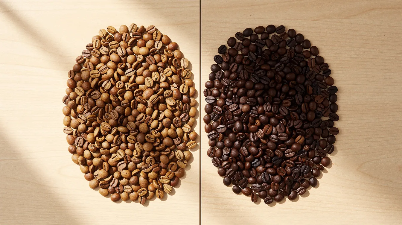 The image shows a side-by-side comparison of light roast and dark roast coffee beans spread across a light wooden surface, highlighting the differences in color and texture that appeal to coffee lovers and industry professionals alike. This visual representation emphasizes the roasting process and the unique flavor notes that each roast brings to the coffee world.
