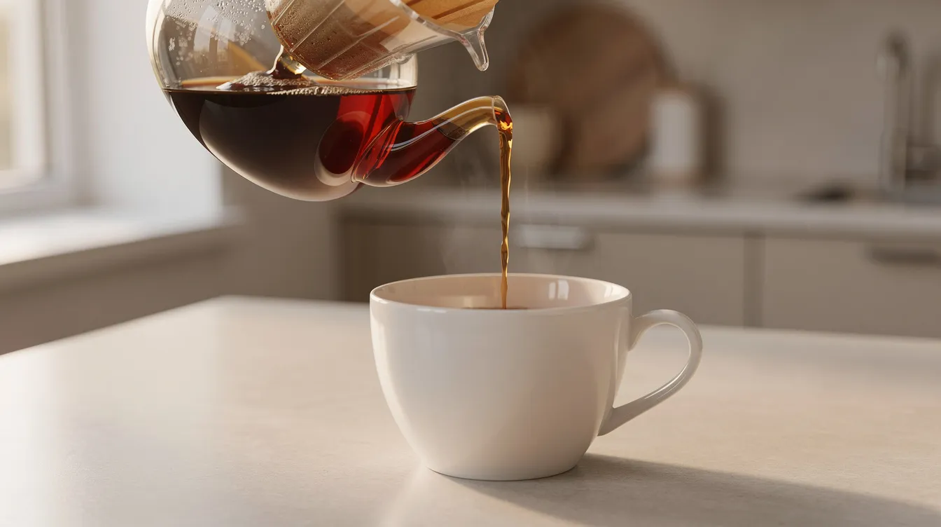 A glass pour-over dripper is positioned over a white ceramic cup as freshly brewed coffee is being poured into it, creating a rich aroma that fills the kitchen counter. This scene captures the essence of high-quality coffee preparation, appealing to coffee lovers and enthusiasts of various brewing methods.