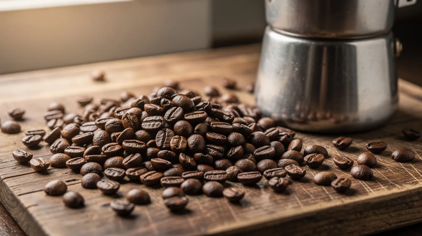 A close-up image shows whole coffee beans scattered on a wooden cutting board beside a metal stovetop percolator, highlighting the rich texture and color of the dark roast beans. The scene captures the essence of coffee making, suggesting the brewing process that leads to a great cup of percolated coffee.