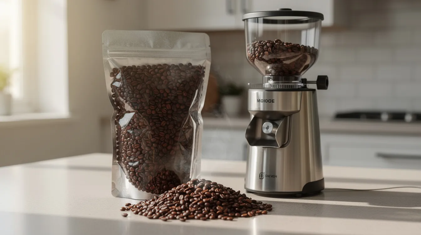 A bag of freshly roasted whole coffee beans sits next to a burr grinder on a kitchen counter, ready for the perfect brew. This setup is essential for coffee drinkers who appreciate great coffee and the brewing process, allowing them to grind their coffee grounds for a flavorful cup of coffee.