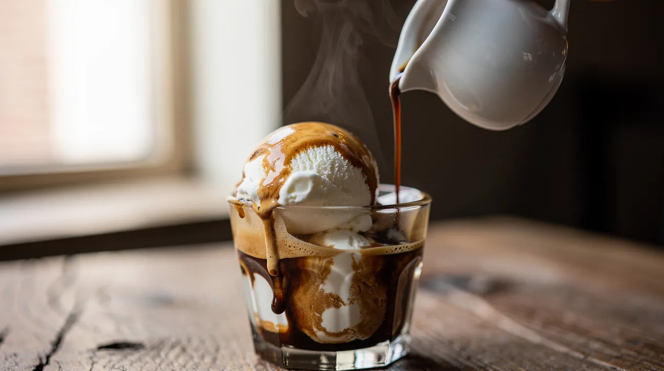 The image features a small glass cup containing a scoop of vanilla ice cream topped with a rich layer of espresso being poured over it, creating a delightful affogato dessert. This simple yet delicious coffee recipe combines the creamy sweetness of ice cream with the robust flavor of freshly brewed espresso, making it a perfect treat for coffee lovers.