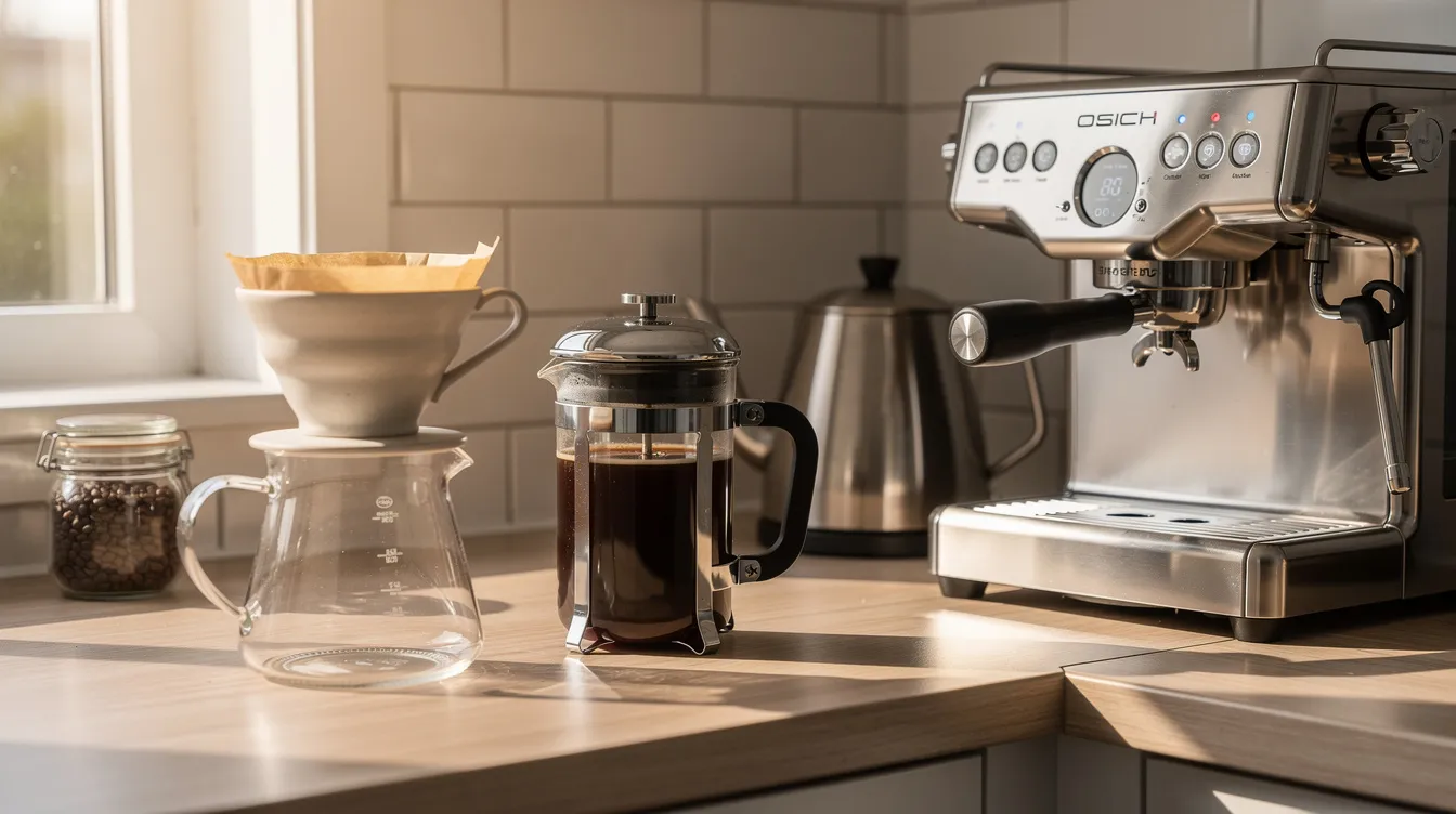 The image features an assortment of coffee brewing equipment on a kitchen counter, including a pour-over dripper, a French press, and an espresso machine, showcasing the essential tools for coffee drinkers to enjoy freshly roasted coffee. The setup highlights the art of brewing, a key aspect of the third wave coffee movement, inviting enthusiasts to savor the flavors of specialty coffee brands.