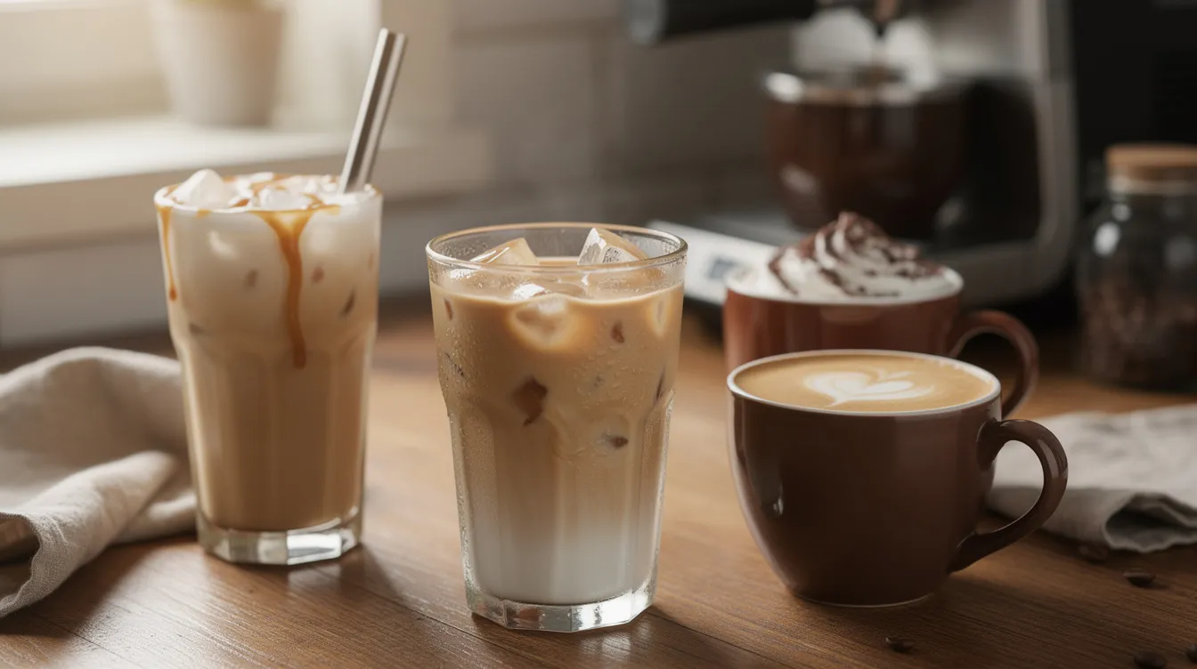 The image features a variety of coffee drinks arranged on a wooden kitchen counter, including iced lattes topped with whipped cream and hot mochas drizzled with chocolate syrup, showcasing a delightful selection of homemade coffee recipes perfect for any coffee lover. The drinks are presented in tall glasses and mugs, highlighting the rich flavors and creamy textures of these delicious beverages.