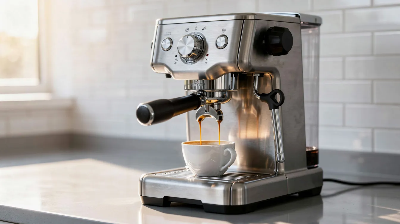 A sleek, modern semi-automatic espresso machine sits on a clean kitchen countertop, with a white cup positioned beneath the portafilter, ready to brew a rich shot of espresso. This compact unit showcases features typical of home espresso machines, making it an ideal choice for aspiring home baristas.