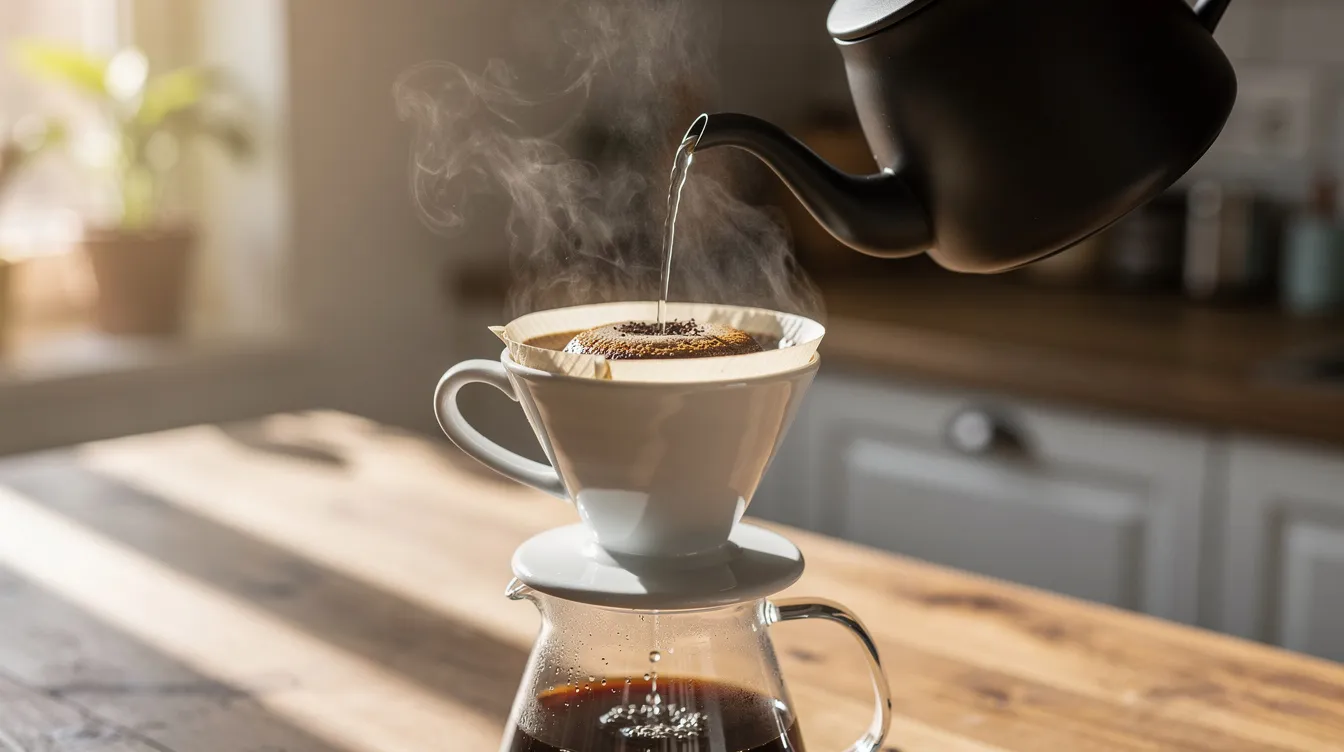 A person is pouring hot water from a gooseneck kettle into a ceramic pour-over brewer filled with freshly ground coffee, with steam rising in the soft morning light. This scene captures the essence of specialty coffee preparation, perfect for coffee lovers who appreciate the art of brewing with high-quality, freshly roasted beans.