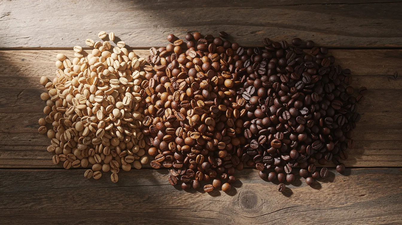 An assortment of whole coffee beans in light, medium, and dark roast levels is spread across a wooden table, showcasing the rich colors and textures that represent the best coffee options for enthusiasts. The beans highlight the diversity in flavor profiles, from sweet caramel and stone fruit to deep dark chocolate notes, inviting coffee lovers to explore their own taste preferences.