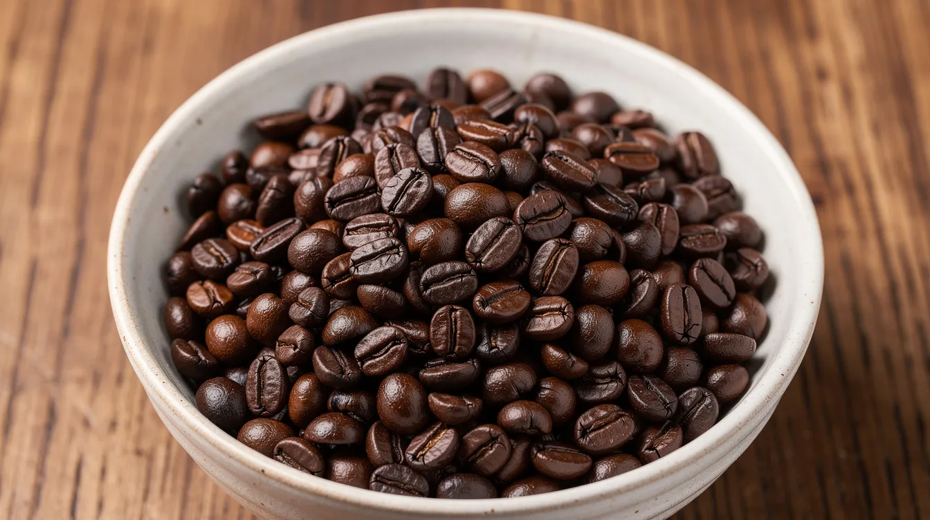 A close-up view of freshly roasted dark coffee beans fills a ceramic bowl, resting on a textured wooden surface. The glossy beans, rich in aroma, represent the best Colombian coffee, showcasing their deep color and smooth texture, perfect for brewing methods like espresso or French press.
