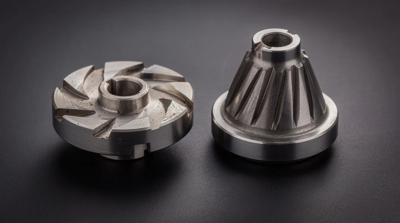 The image shows a close-up comparison of two metal burr grinder sets placed side by side on a dark surface, highlighting their distinct designs and features. This visual emphasizes the importance of choosing the right burr coffee grinder for achieving a consistent grind quality, essential for coffee lovers and various brewing methods.