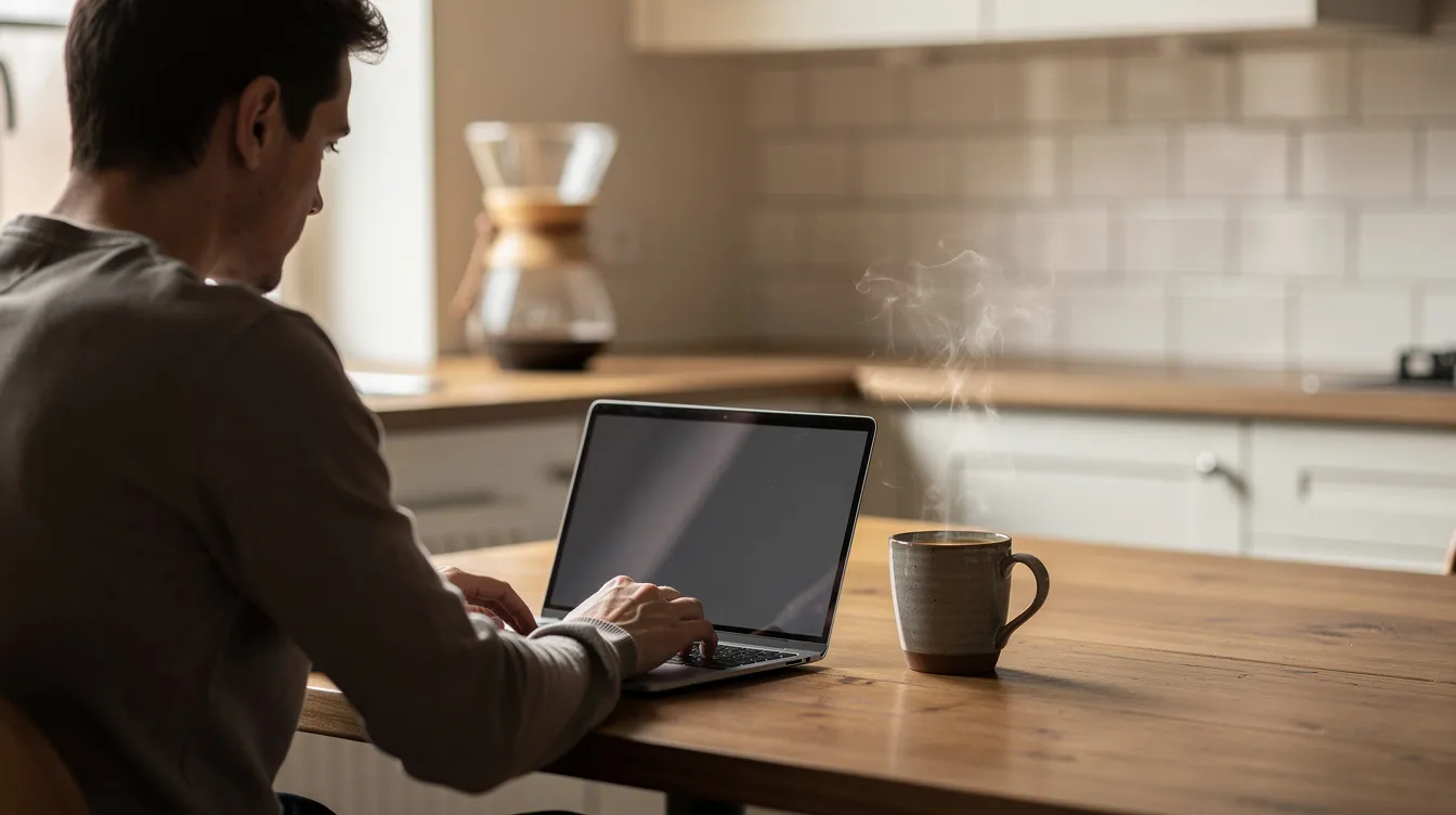 A person is seated at a kitchen table, intently browsing a laptop while enjoying a cup of steaming hot coffee. In the background, a drip coffee maker is prominently displayed, showcasing its sleek design, perfect for coffee drinkers who appreciate the brewing process.