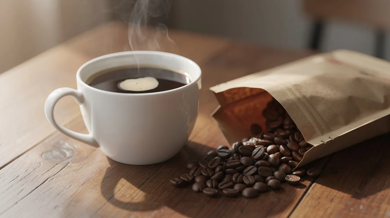 A freshly brewed cup of pour-over coffee sits on a rustic wooden table, accompanied by a bag of whole coffee beans, showcasing the brewing process and the rich flavors of dark roast coffees. The scene captures the essence of coffee culture, inviting coffee lovers to indulge in a delicious cup.
