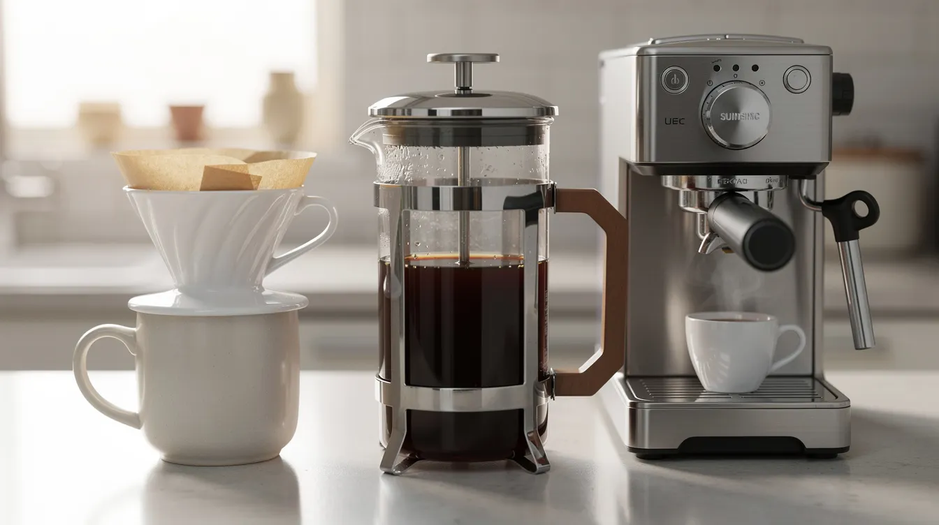 The image features a pour over coffee dripper, a French press, and an espresso machine lined up on a countertop, showcasing various coffee brewing methods for coffee lovers. Each piece of equipment represents different ways to enjoy freshly roasted coffee, highlighting the versatility of coffee subscriptions and the rich flavor notes from specialty roasters.