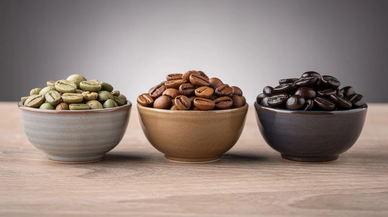 The image displays three small bowls of coffee beans at different stages of the roasting process: green coffee beans on the left, medium brown roasted beans in the middle, and dark brown roasted beans on the right, showcasing the evolution of coffee flavor and preparation methods. This visual representation highlights the journey from coffee production to brewing coffee, illustrating the rich variety of beans used in making the perfect cup.