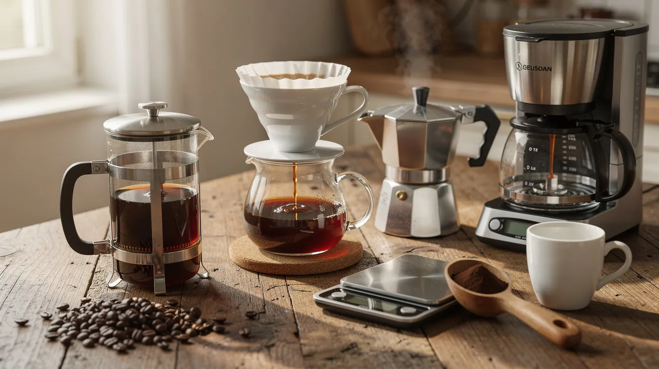 A wooden table showcases various coffee brewing methods, including a French press, pour-over dripper, moka pot, and a drip coffee maker, highlighting the diversity of coffee machines available for coffee drinkers. Each method offers a unique way to brew coffee, inviting enthusiasts to explore their favorite flavors and brewing techniques.