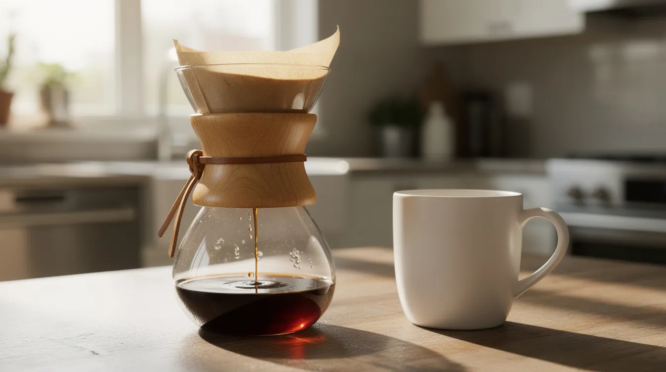 The image features a classic Chemex coffee maker, an hourglass-shaped glass brewer with a wooden collar, placed on a sunlit kitchen counter beside a ceramic mug. This elegant coffee maker is designed for brewing pour-over coffee, highlighting the brewing process and the beauty of freshly ground coffee.