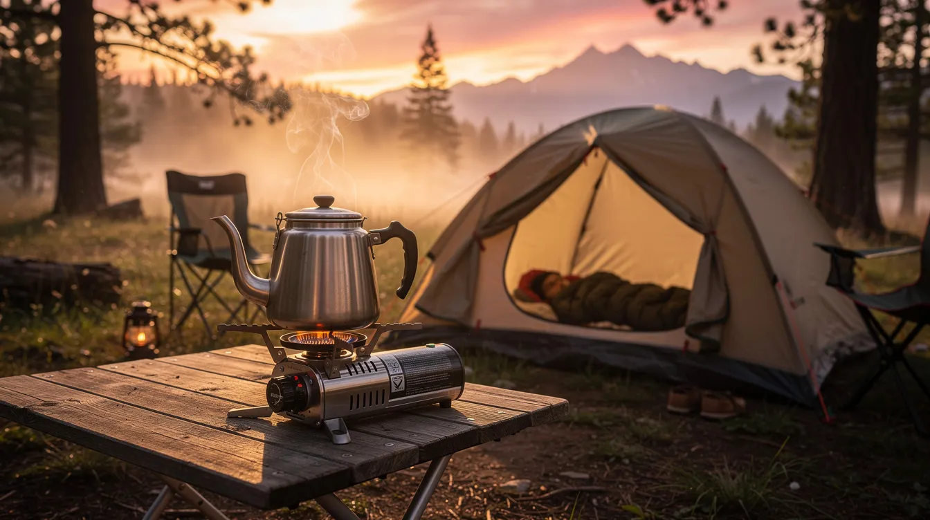 The image depicts a serene camping scene at sunrise, featuring a stainless steel coffee percolator on a portable camp stove beside a cozy tent. The percolator, ideal for brewing rich coffee outdoors, is ready to make a great cup of coffee for early risers enjoying the fresh morning air.