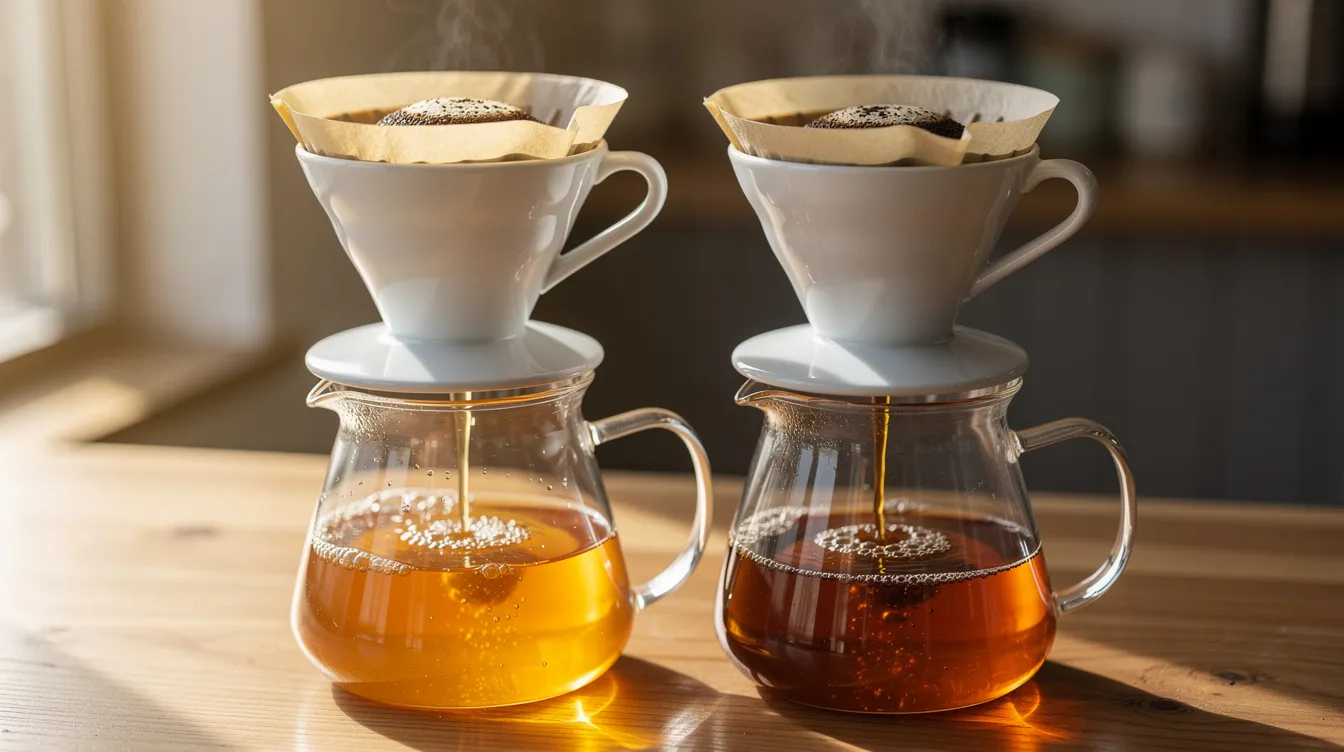 The image features two ceramic pour-over drippers on a wooden counter, with one producing a lighter amber brew that showcases bright acidity and fruity notes, while the other yields a deeper golden brew with rich flavors and a medium body, highlighting the diverse coffee origins and flavor profiles found around the world.