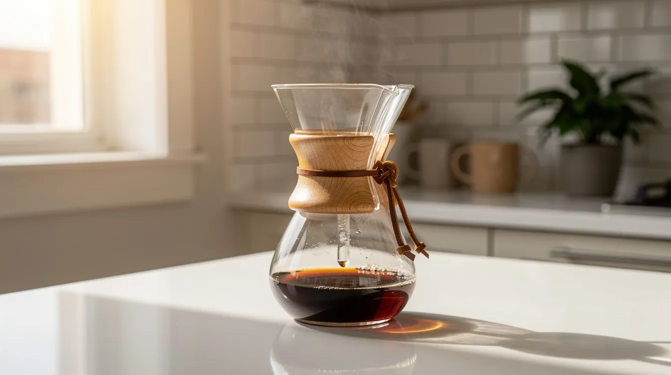 A glass hourglass-shaped chemex coffee brewer with a wooden collar sits on a sunlit kitchen counter, ready for the brewing process. It is designed for making specialty coffee, showcasing its ability to create a balanced cup with rich coffee oils and flavors.