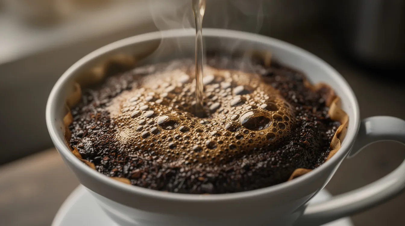A close-up image shows coffee grounds blooming and swelling in a ceramic pour-over dripper as hot water is poured over them, creating a rich coffee bed ready for brewing. The scene highlights the precise pour technique, essential for making pour over coffee with a perfect flavor extraction.