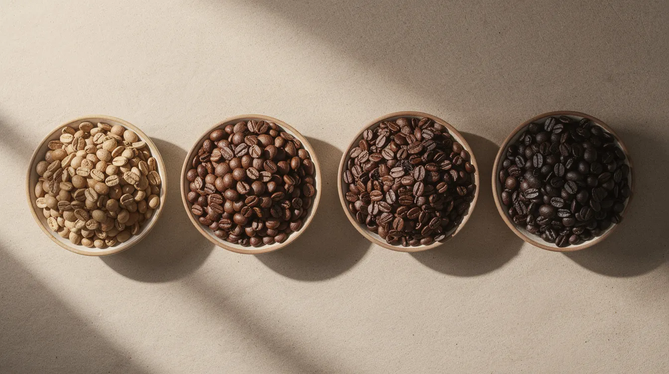 An overhead shot displays various coffee beans in small bowls, showcasing different roast levels from light to dark, perfect for coffee lovers and those looking to start drinking black coffee. The image highlights the diversity of flavors and profiles, emphasizing the best coffee to drink black for a rich tasting experience.