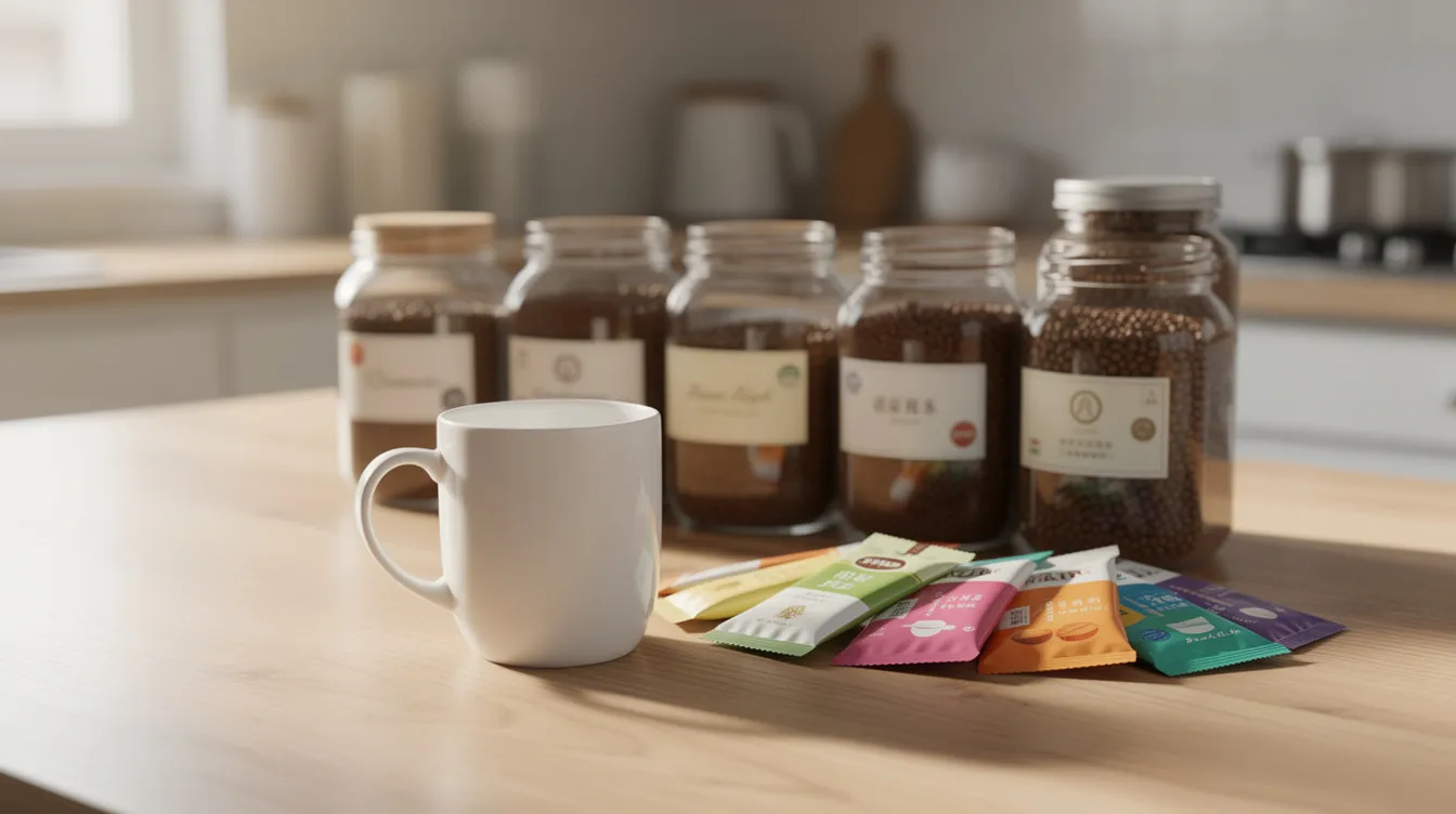 The image features a selection of instant coffee jars and single-serve packets neatly arranged on a light wooden kitchen counter, accompanied by a white ceramic mug. This display showcases various instant coffee brands, perfect for coffee lovers seeking the best instant coffee options for their morning cup.