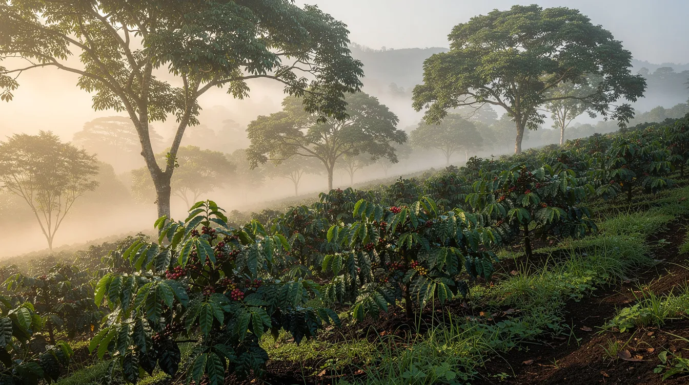 The image depicts a lush green hillside filled with dense coffee plants thriving under the shade of tall trees, bathed in misty morning light. This serene landscape highlights the rich coffee growing regions of East Africa, where both Ethiopian and Kenyan coffee thrive, offering unique flavors and aromas.