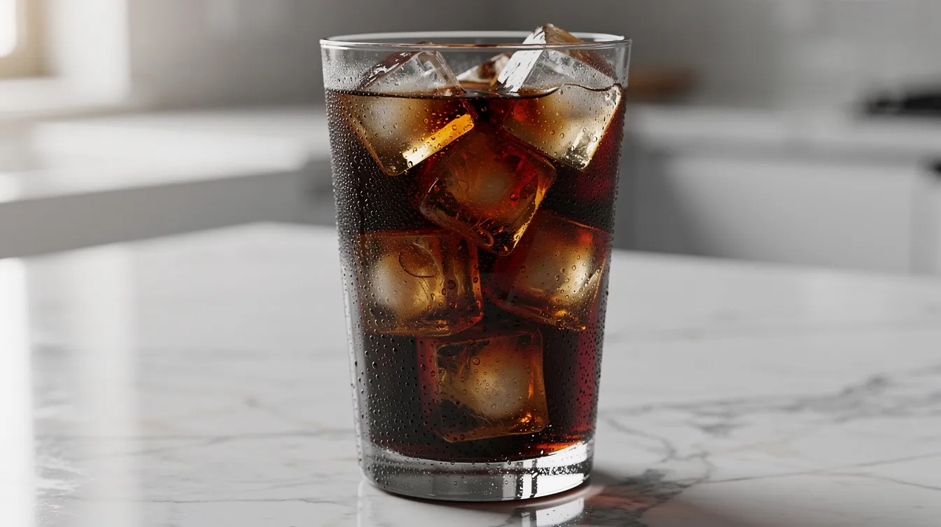 A tall glass of cold brew coffee filled with ice cubes and glistening with condensation rests on a sleek marble countertop, showcasing the refreshing appeal of specialty coffee. This image highlights the allure of drinking organic coffee, perfect for those seeking a bold and balanced flavor.