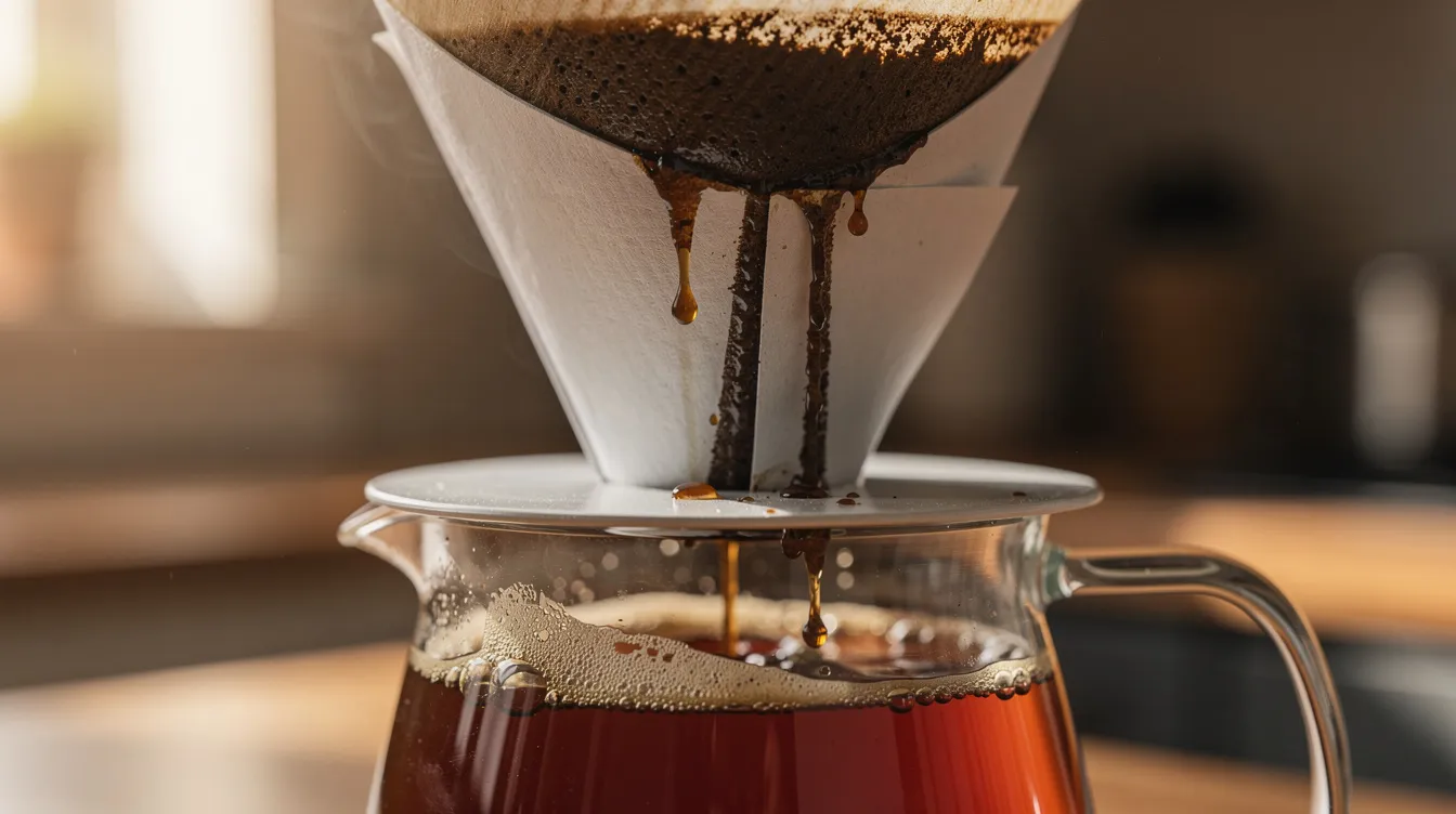 A close-up image shows hot water dripping through a paper filter filled with ground coffee, as the brewed coffee collects in a glass carafe below. The scene highlights the brewing process of a Technivorm Moccamaster coffee maker, showcasing the rich extraction of coffee oils and flavors.
