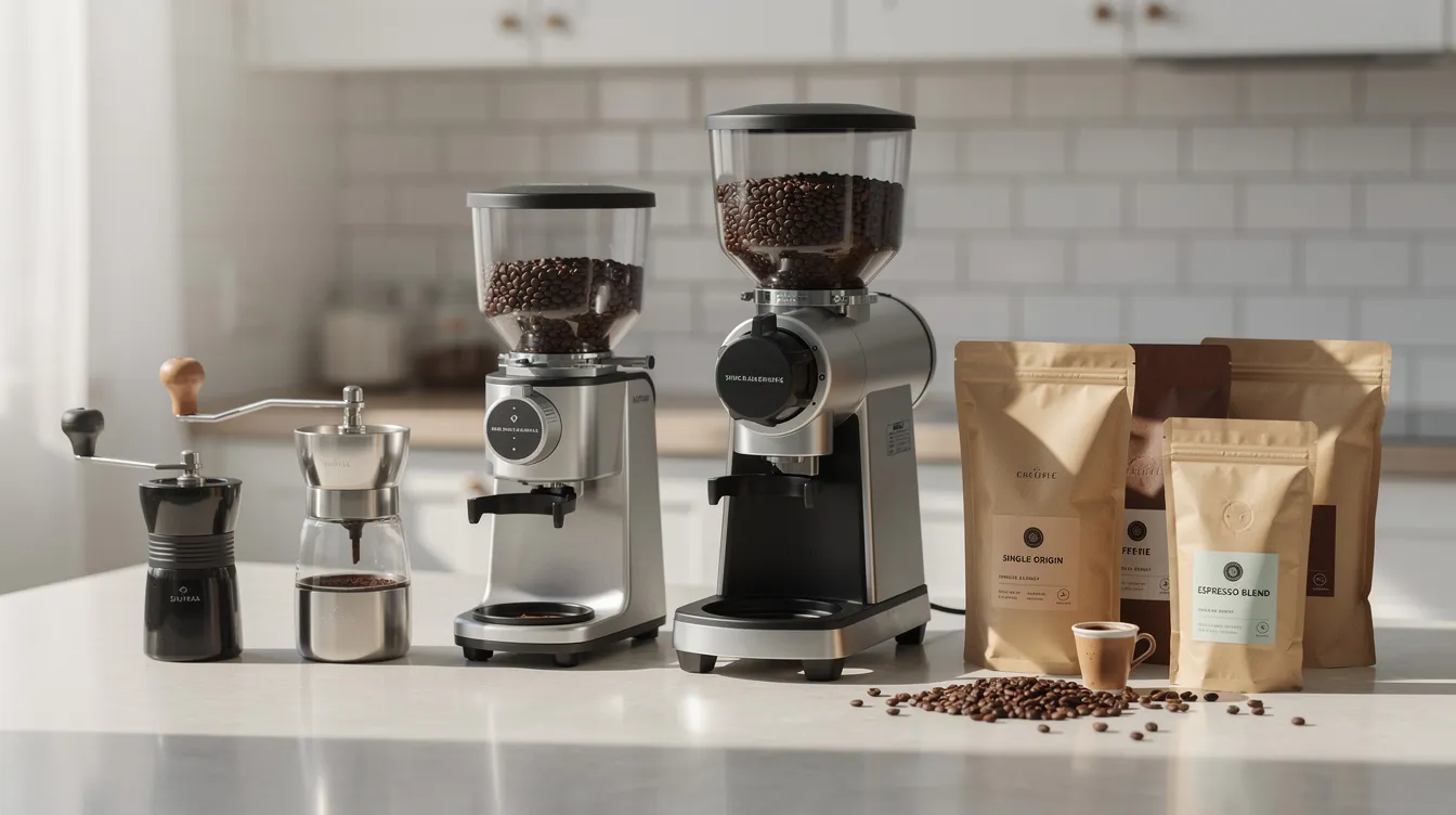 The image features a variety of coffee grinders, including electric burr grinders and manual coffee grinders, neatly arranged on a clean kitchen countertop alongside bags of whole coffee beans. This collection showcases different sizes and styles, highlighting options for coffee lovers looking for the best coffee grinder to suit their brewing methods, whether for espresso or drip coffee.