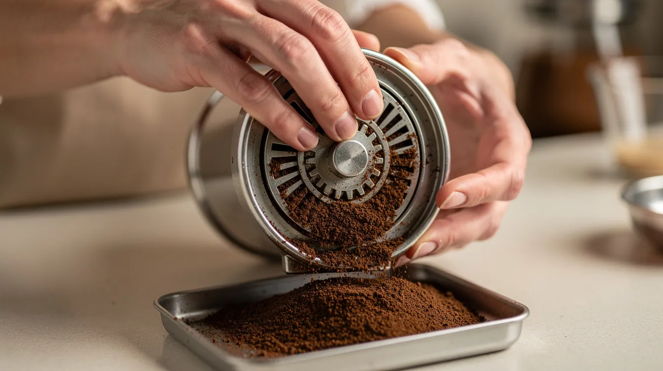 The image depicts hands carefully brushing out coffee grounds from the burr chamber of a burr grinder during the cleaning process, ensuring the maintenance of grind consistency and quality. This meticulous action highlights the importance of keeping the grinding surfaces, or burrs, free from residue to achieve optimal flavor clarity in brewed coffee.