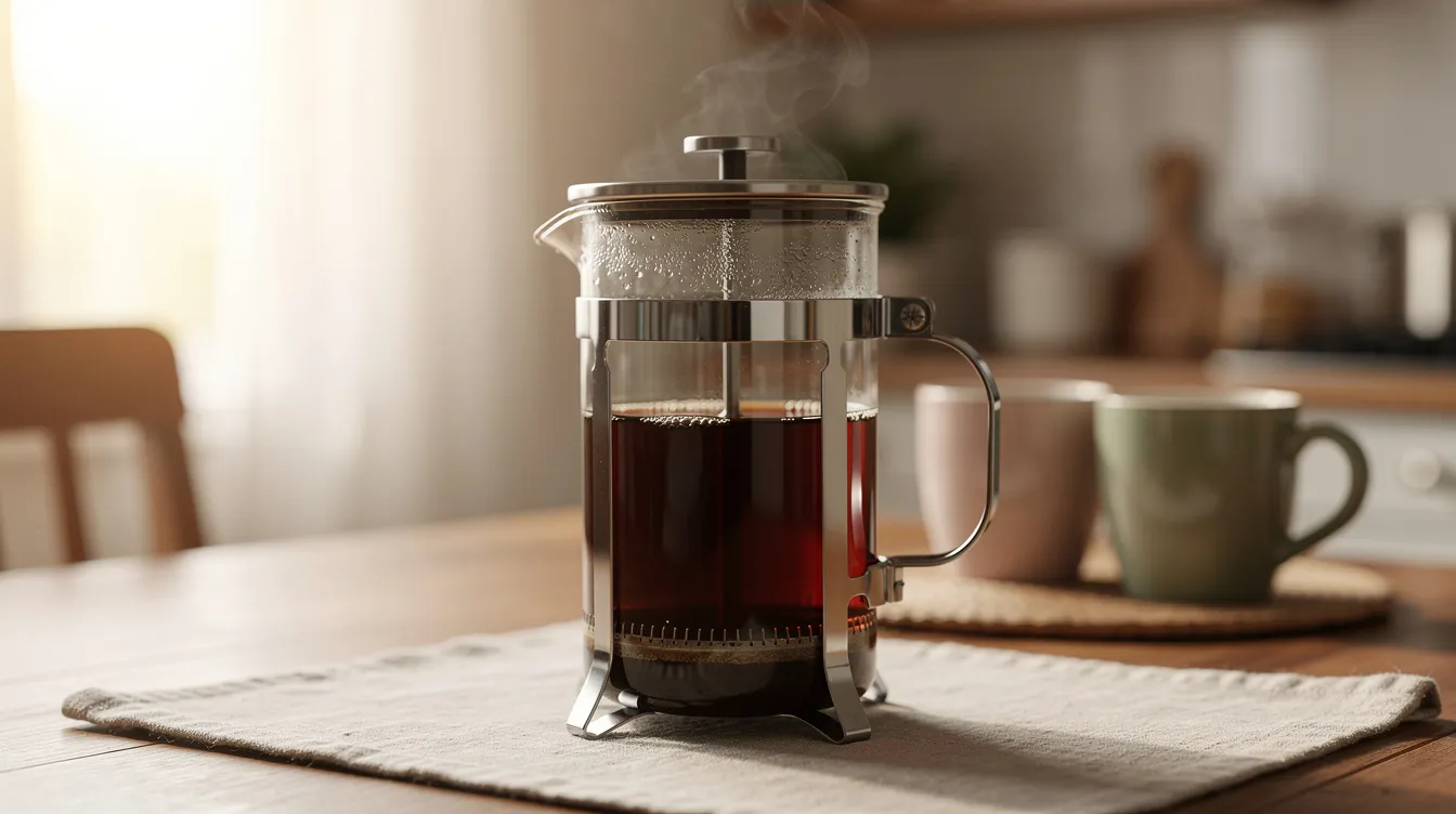 A glass French press carafe filled with rich, dark brewed coffee sits prominently on a breakfast table, with solid mugs in the background ready to be filled. This scene captures the essence of making coffee using a French press, highlighting its role as a beloved coffee maker for a great morning brew.