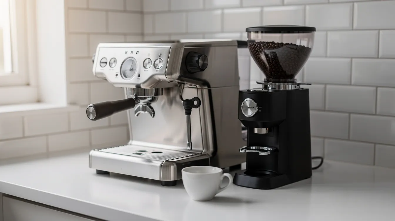 The image features a sleek espresso machine and a high-quality burr grinder placed side by side on a pristine white kitchen counter, showcasing essential tools for coffee lovers to grind coffee beans and brew the best tasting coffee. The grinder, likely an electric burr grinder, emphasizes grind consistency and the ability to achieve fine grinds ideal for espresso preparation.
