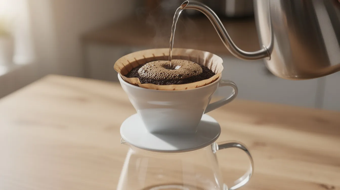 A ceramic pour-over dripper is positioned atop a glass carafe, with hot water being poured in a slow spiral over freshly ground Nicaraguan coffee beans, creating an aromatic brew. The scene captures the essence of specialty coffee preparation, highlighting the rich flavors and smooth body characteristic of Nicaraguan coffee.