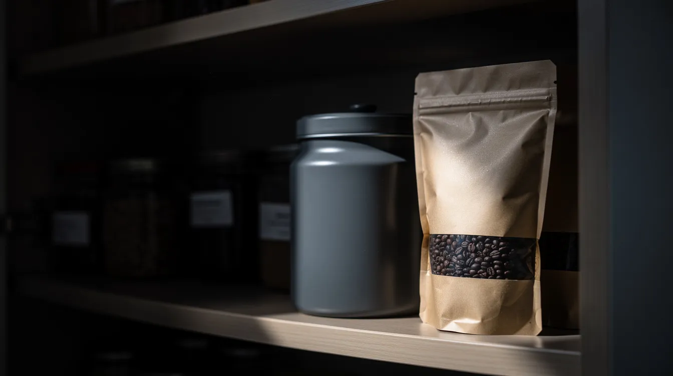 The image depicts a dark kitchen pantry shelf featuring an opaque canister alongside a bag of coffee beans, both stored away from light to preserve freshness. Proper storage of coffee beans, such as using an airtight container, helps maintain their flavor and prevents them from becoming stale.