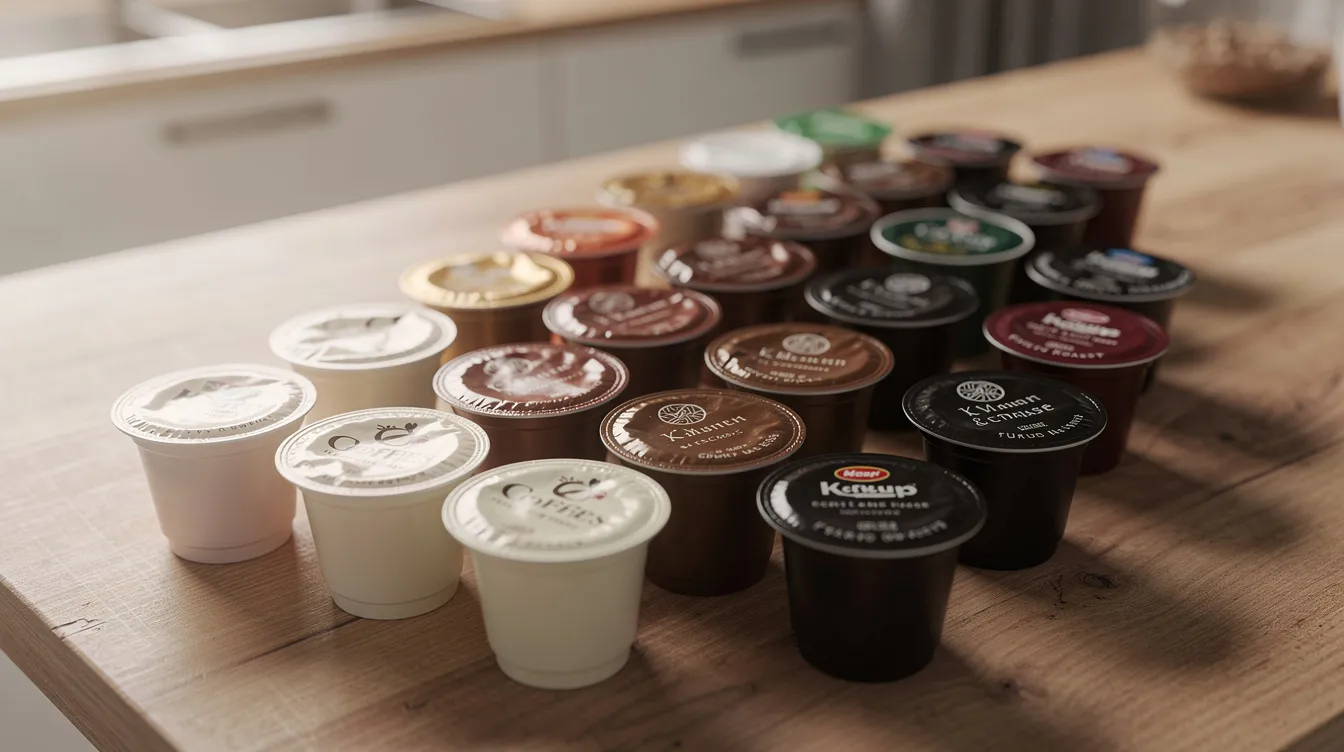 A close-up image showcases an array of K-Cup coffee pods arranged in a gradient from light to dark roast on a wooden kitchen counter, appealing to coffee lovers and connoisseurs alike. The selection highlights various flavors, including the popular donut shop medium roast and dark roast k cups, perfect for crafting the ideal morning coffee experience.