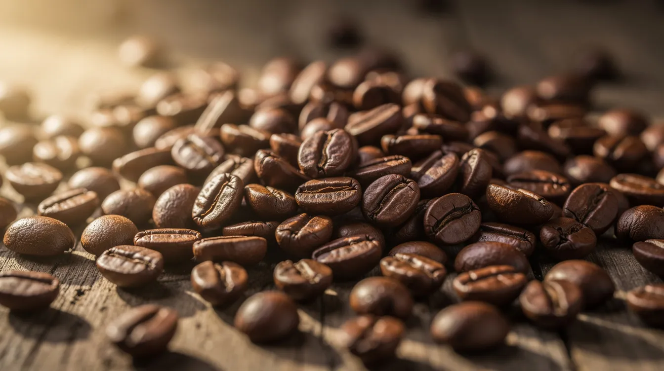 A close-up view of freshly roasted whole coffee beans is spread across a rustic wooden table, illuminated by warm natural lighting, showcasing the rich textures and colors of the organic coffee beans. This image highlights the appeal of specialty coffee, perfect for coffee lovers seeking the best organic coffee experience.