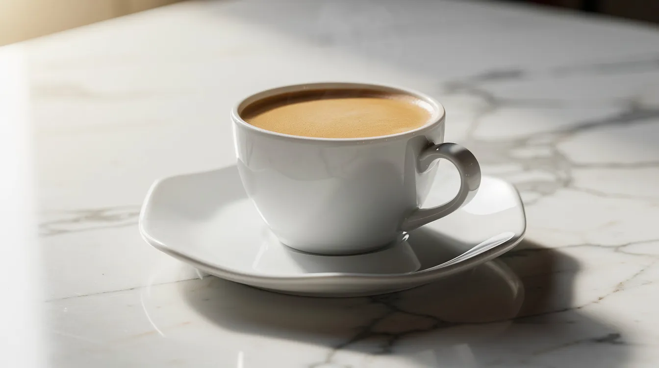 A small ceramic cup filled with rich moka pot coffee, topped with a thin layer of light tan foam, rests on a saucer against a marble countertop. This fresh cup of coffee showcases the delightful aroma and full-bodied flavor characteristic of brewing coffee with a moka pot.