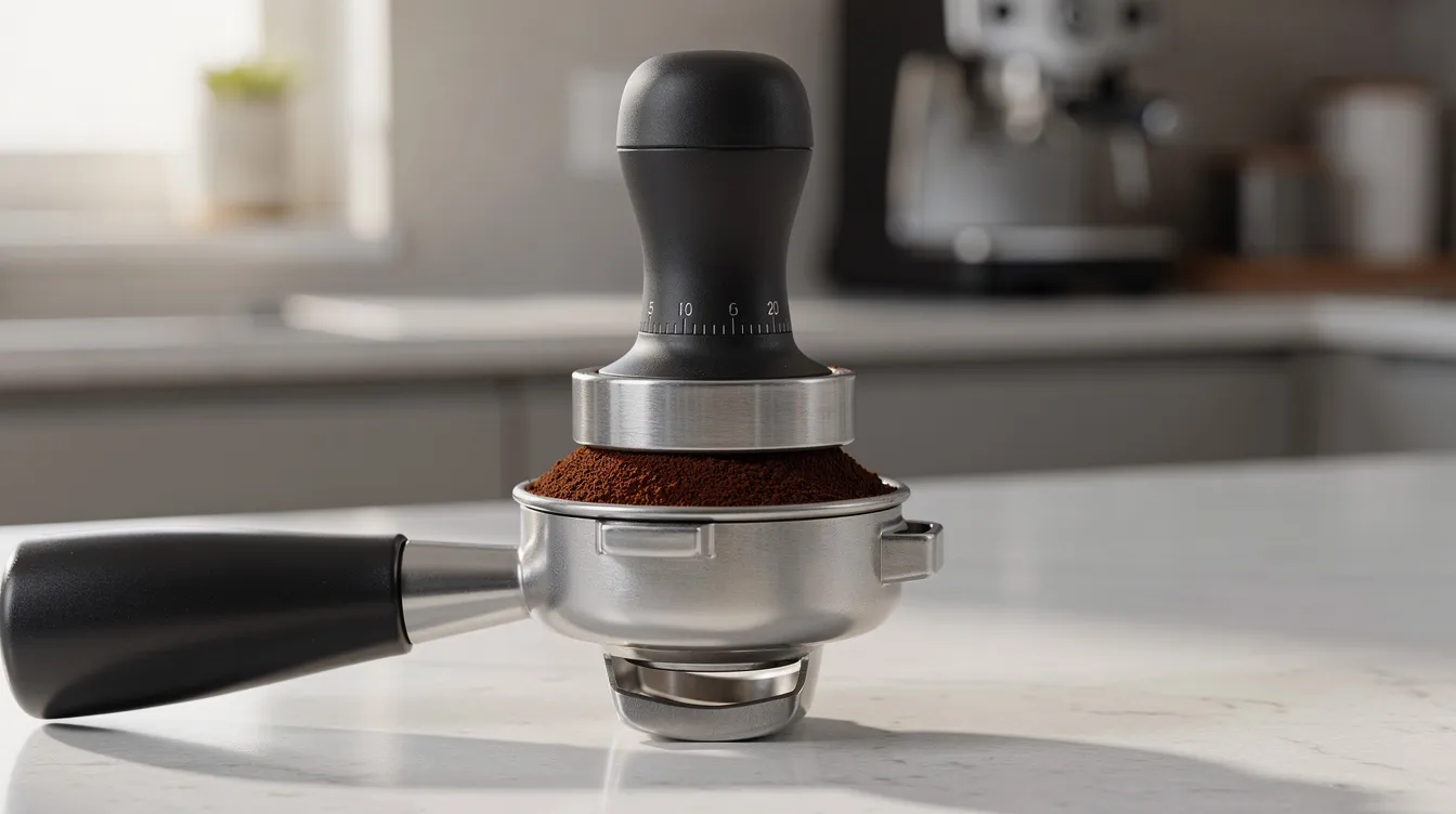 A calibrated spring-loaded espresso tamper with an ergonomic anodized aluminum handle is positioned on a portafilter filled with ground coffee on a kitchen counter, ready for the espresso preparation process. The tamper ensures a consistent pressure for a perfectly level tamp, essential for achieving a balanced coffee puck and optimal extraction in home espresso machines.