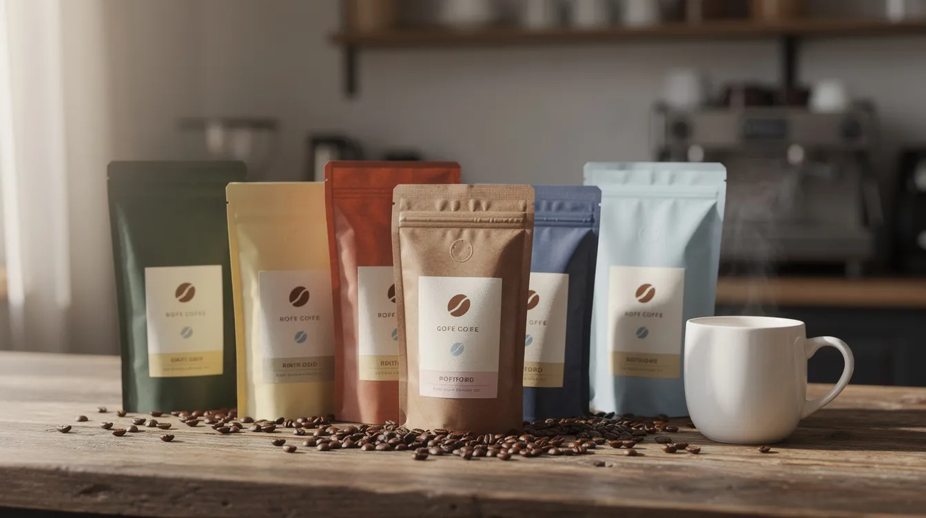 An assortment of bags filled with freshly roasted coffee beans is neatly arranged on a rustic wooden countertop, accompanied by a ceramic mug, perfect for coffee lovers seeking the best coffee experience. The scene evokes the inviting atmosphere of a local coffee shop, showcasing specialty coffee options ideal for brewing a delicious morning cup.