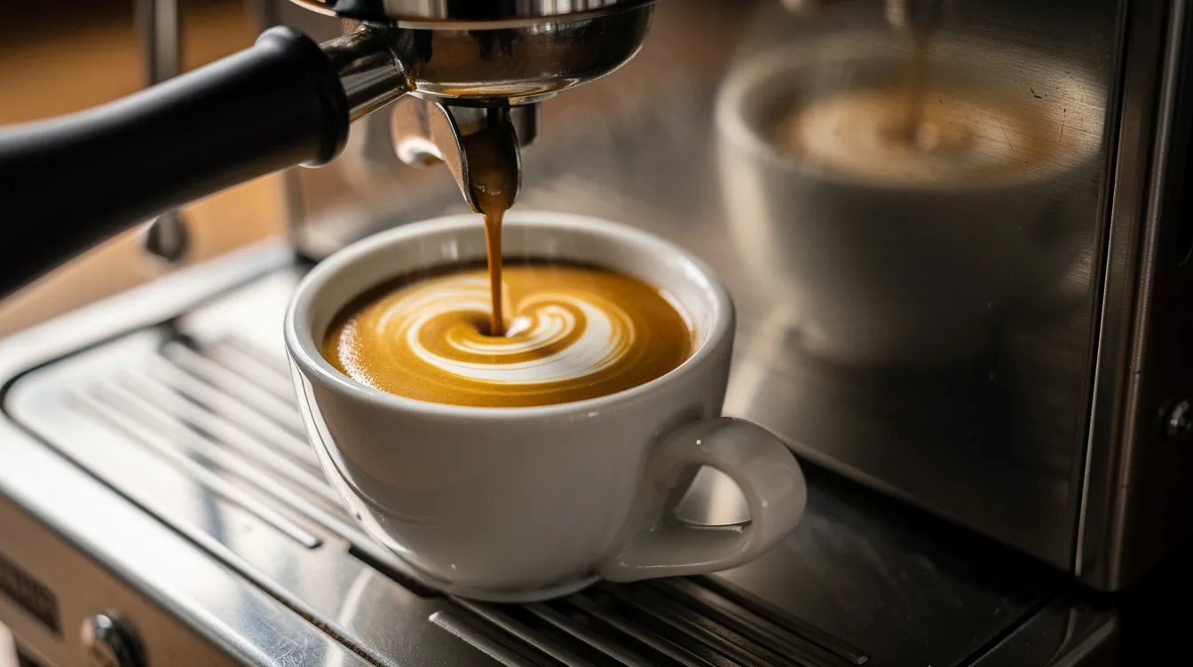 An image shows a rich espresso being pulled from a professional machine into a ceramic cup, with a golden crema forming on top, highlighting the exceptional quality of freshly roasted coffee. This scene captures the essence of specialty coffee, appealing to coffee enthusiasts and lovers of great tasting coffee.