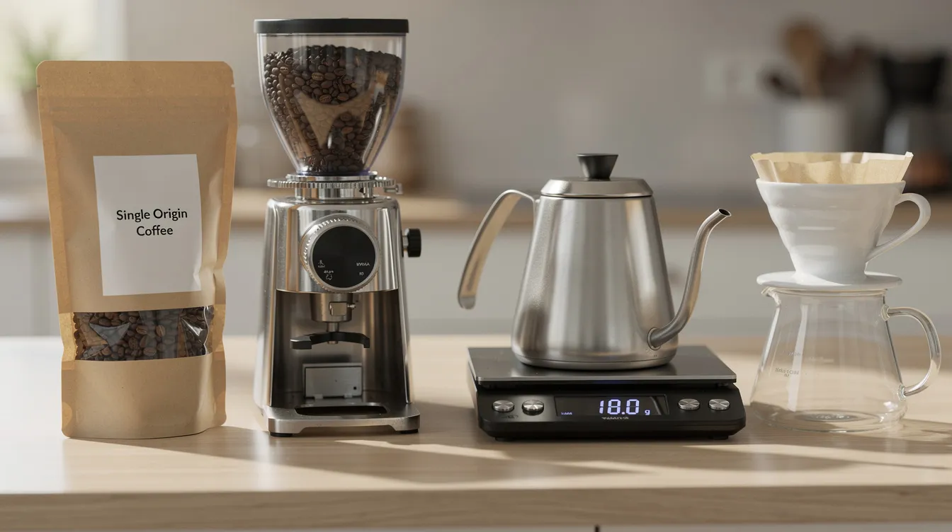 The image depicts a neatly arranged kitchen counter featuring a bag of whole coffee beans, a burr grinder for grinding coffee, a gooseneck kettle for precise pouring, a digital scale for measuring, and a ceramic pour-over dripper, all essential tools for various coffee brewing methods. This setup highlights the brewing process, emphasizing the importance of grind size and water temperature in making a great cup of coffee.
