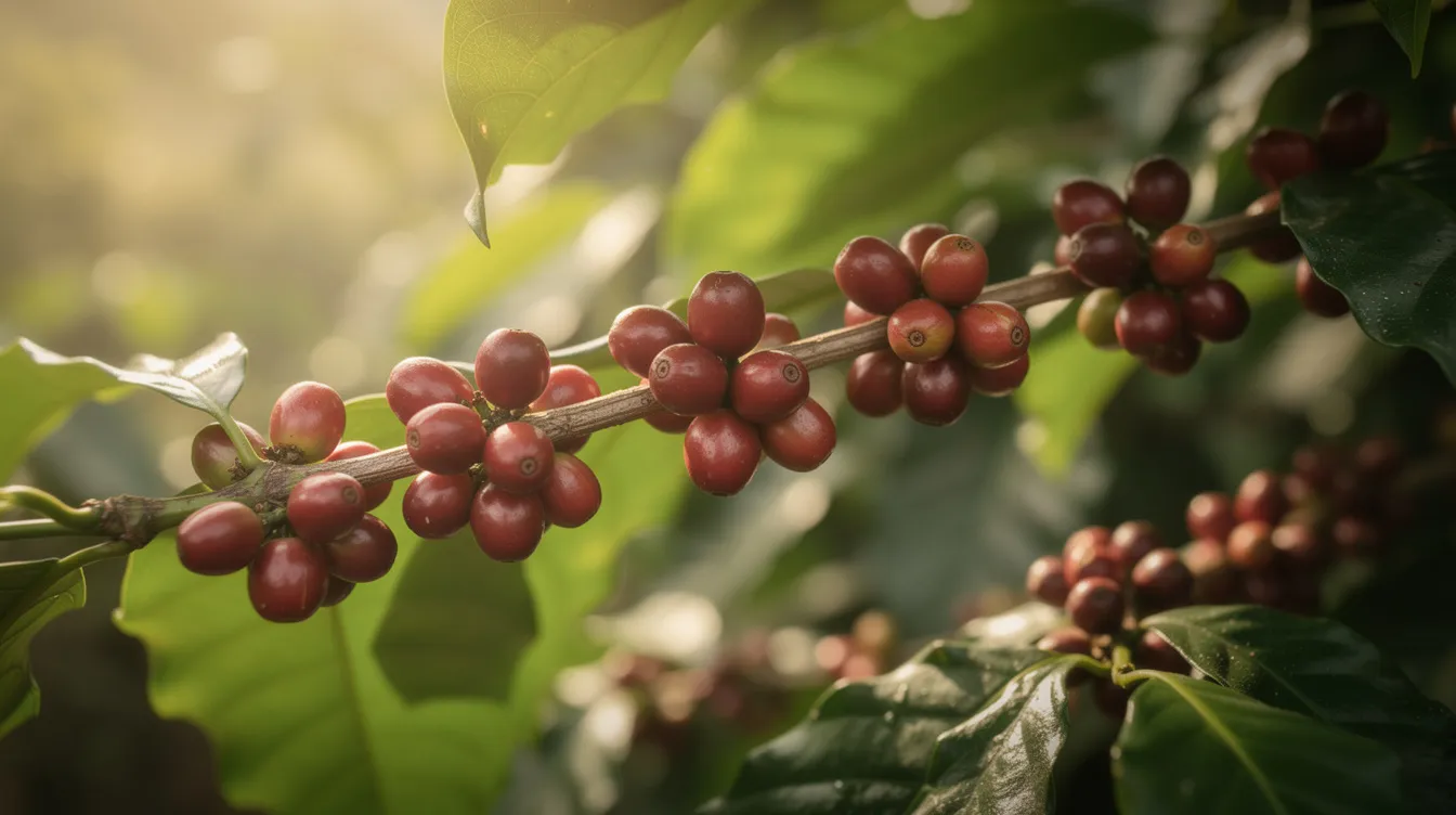 The image shows ripe red coffee cherries growing on a branch, illuminated by dappled sunlight. These cherries are the source of the best coffee beans, destined to be transformed into delicious coffee through various brewing methods like the Aeropress.