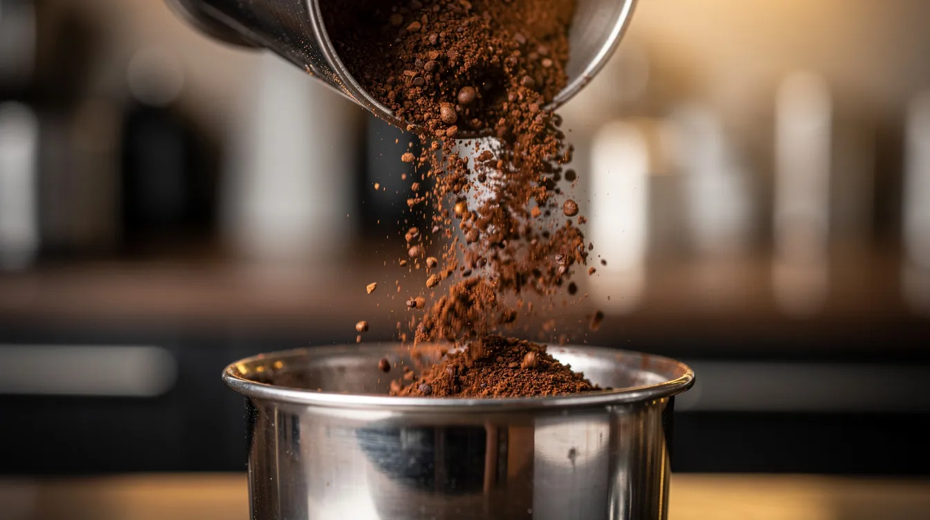 A close-up view captures freshly ground coffee cascading into a small metal dosing cup positioned beneath the chute of a Baratza Encore ESP grinder, showcasing the grind quality and precision of the espresso grind settings. The image highlights the fine coffee grounds, perfect for brewing espresso or filter coffee, appealing to coffee lovers who appreciate high-quality brews.