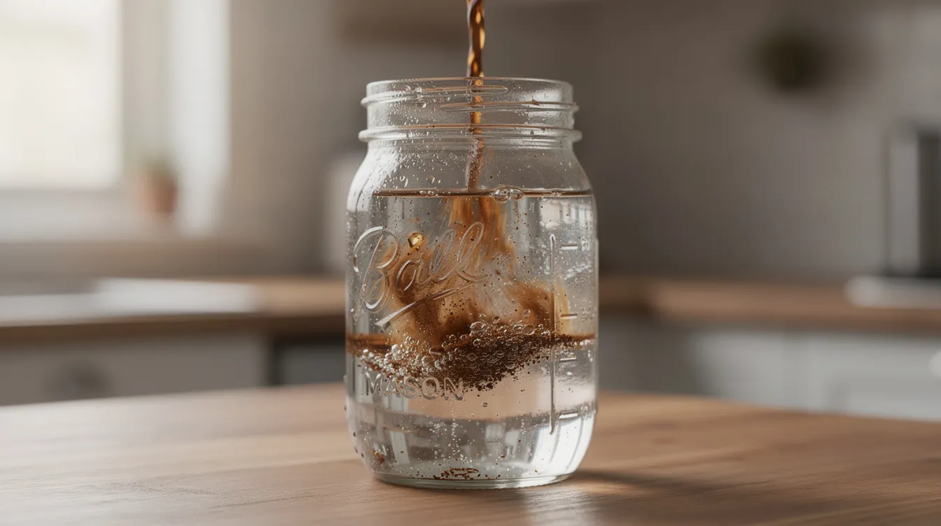 A close-up view shows coarsely ground coffee being poured into a glass mason jar filled with cold filtered water, preparing for a smooth cold brew coffee. The scene captures the essence of brewing methods for cold brew, highlighting the rich textures and colors of the coffee grounds and water.
