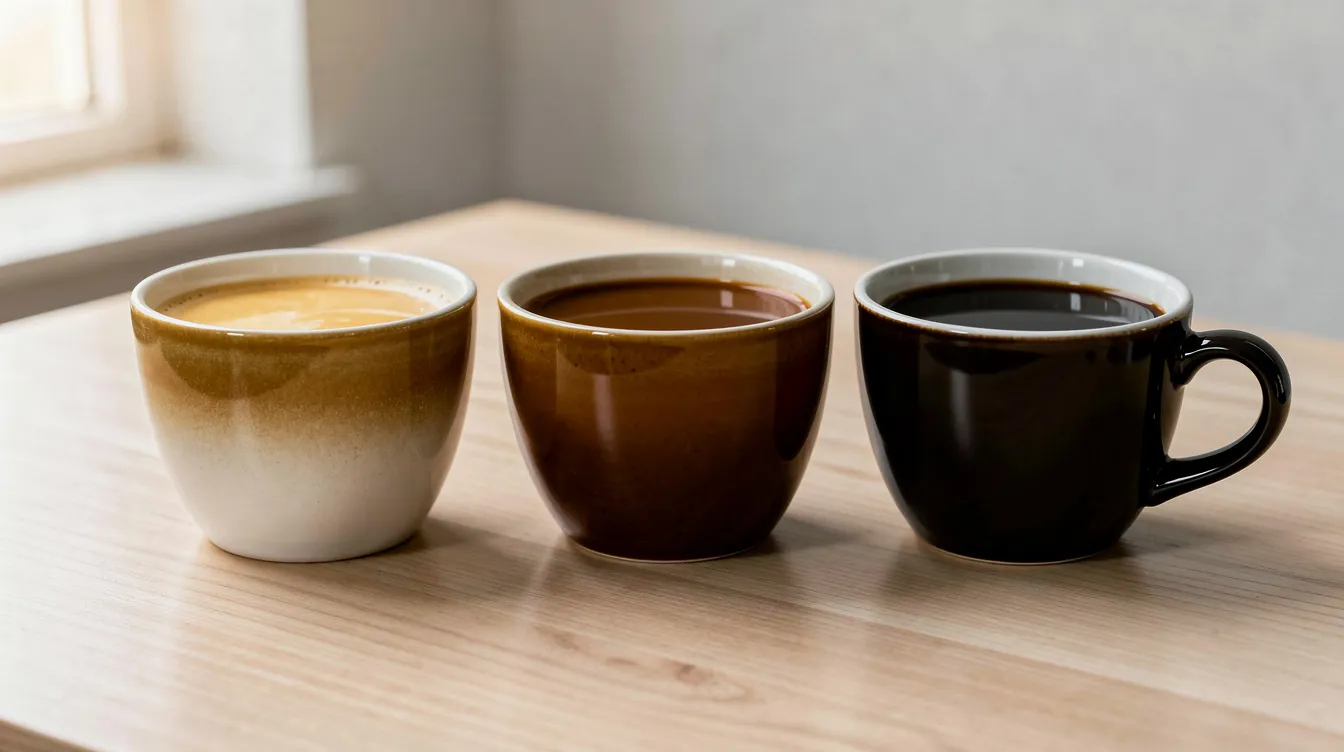 The image shows three cups of brewed coffee arranged in a line, displaying a gradient from light golden brown to deep dark brown, highlighting the different roast levels from light to dark roast. Each cup represents a unique flavor profile, appealing to coffee drinkers who appreciate the nuances of freshly roasted coffee.